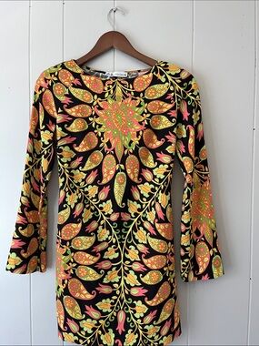 Black Floral Paisley Shift Dress with Yellow & Coral Print